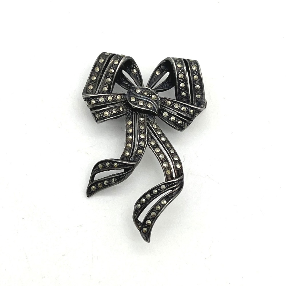 Vintage Sterling Silver Marcasite Bow Ribbon Brooch Pin Art Deco Style 925 11g